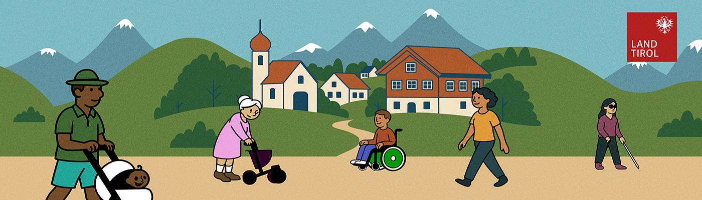 © Nina Rippl, Land Tirol | Urheber:in: Nina Rippl Symbolbild einer Gemeinde und ihrer Bürger*innen. Im Hintergrund ein Tiroler Dorf, im Vordergrund unterschiedliche Personen, zum Teil Menschen mit Behinderungen.